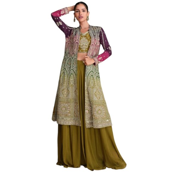 Georgette Olive Green Embroidered Zari & Sequins Work Sharara Suit - Picture 1 of 3